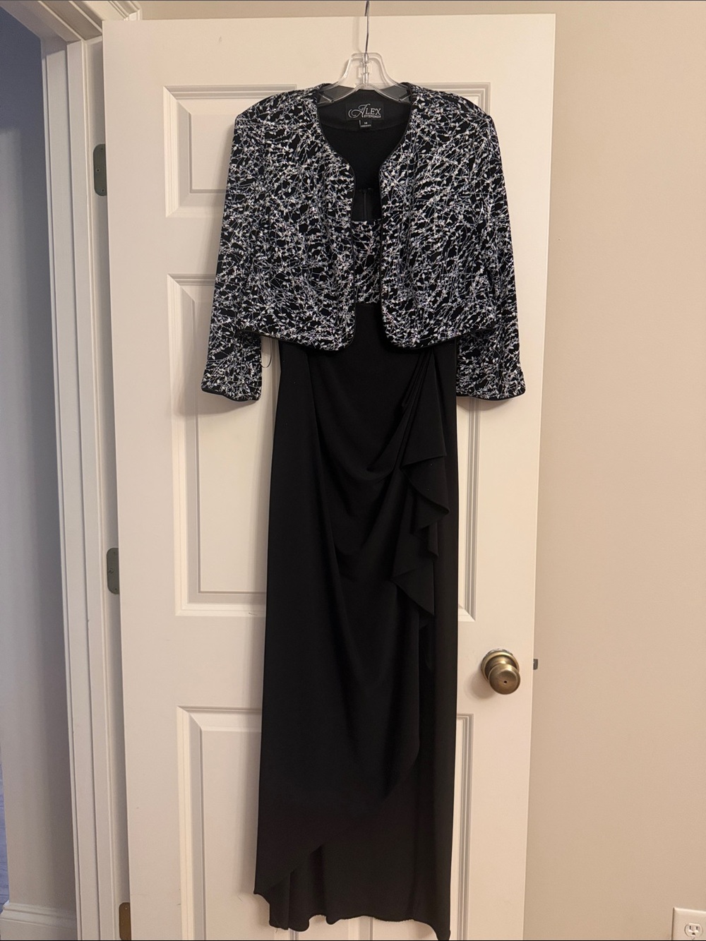 Alex Evenings Black Gown with Black & White Textured Cropped Jacket
